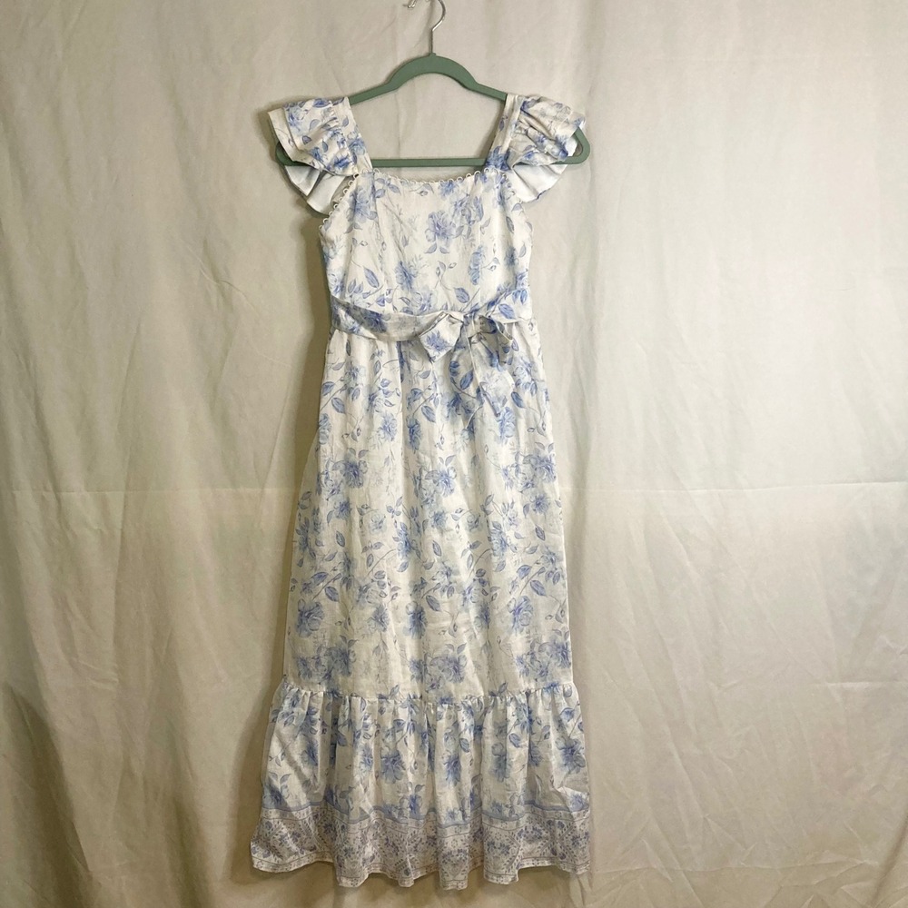 NWT Ivory Blue Floral Toile Bow Ruffle Maxi Dress GB Girls 12 Garden Party